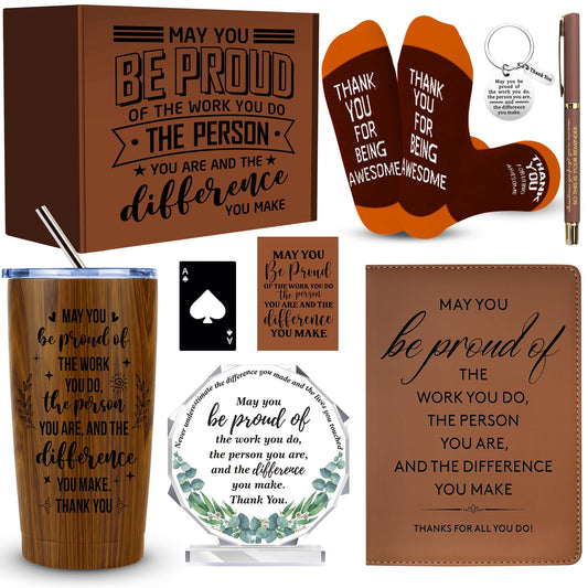 JTAMOHI 9 Pcs Employee Appreciation Gifts for Men, Best Coworker Appreciation Gifts with 20 Oz Tumbler, Leather Journal Notebook, Socks, Acrylic Award Plaque Sign, Thank You Gift for Employee