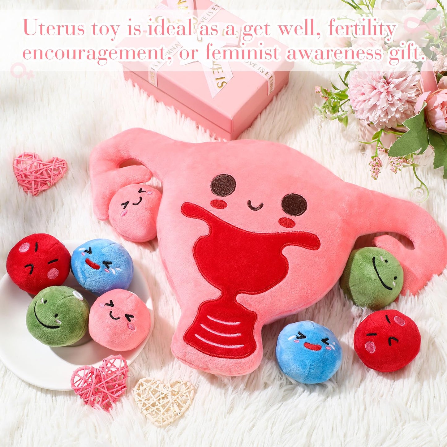 Gemscream 9.8 Inch Uterus Plush Hysterectomy Recovery Gift with 4 Funny Ovarian Follicles for Women, Ob-GYN, Labor and Delivery LPN Nurse Get Well Gifts