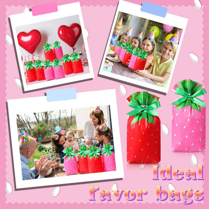 Pasimy 50 Pcs Strawberry Gift Bags Bulk 5.9 x 9 in Plastic Red Pink Strawberry Party Drawstring Favor Treat Goodie Candy Bags for Strawberrys Party Strawberrys Birthday Decorations Supplies, 2 Designs