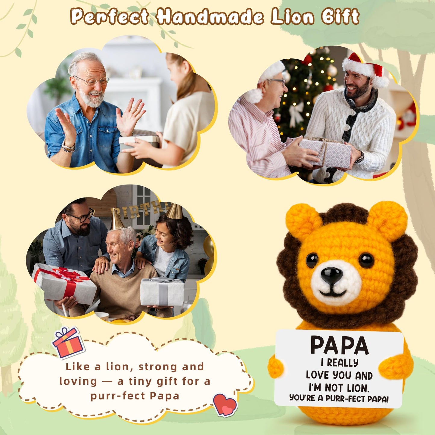 Grandpa Fathers Day Papa Gifts from Grandkids, Father's Day Grandpa Papa Birthday Gifts from Granddaughter Grandson, Best Grandfather Ever Gift, Grandparents Day Gift, Funny Handmade Crochet Lion