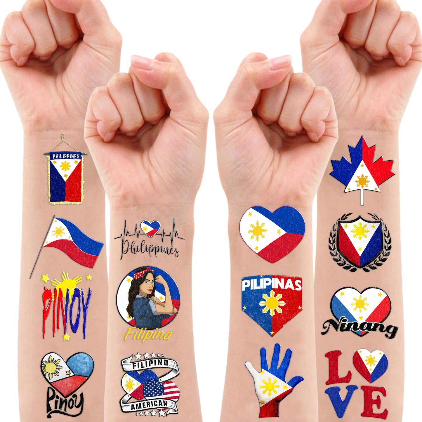96 PCS Philippines Flag Temporary Tattoos for Kids - Pre-Cut Filipino Sun & Stars Fake Tattoo Stickers for Birthday Party Favors, Carnival Rewards & Pride Decorations, Gifts For Boys Girls