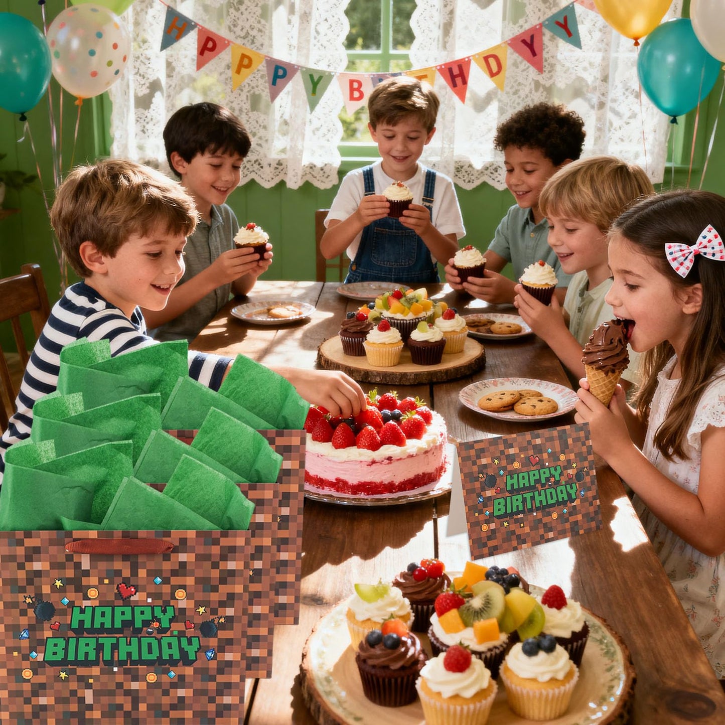 SAVITA Pixel Party Favors Bags, Pixel Theme Goodie Gift Bags Green and Brown Video Game Party Birthday Decorations with Greeting Card & Envelope for Candy Goody Treat Supplies Kids Bday Gifting
