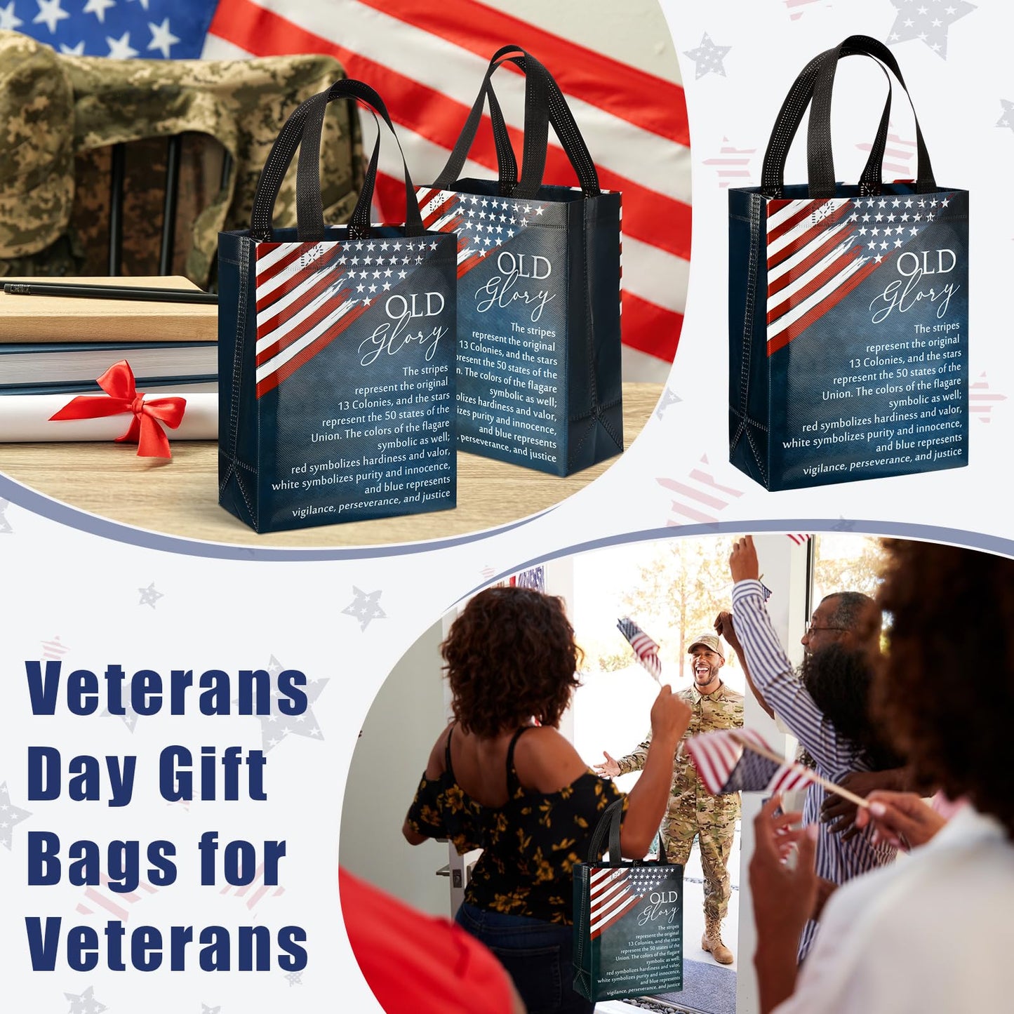 Sweetude 15 250 Anniversary Patriotic Gift Bags Bulk American Flag Theme Bags with Handle Medium Reusable USA Souvenirs Gifts for Church Remembrance Day Party Decorations Favors