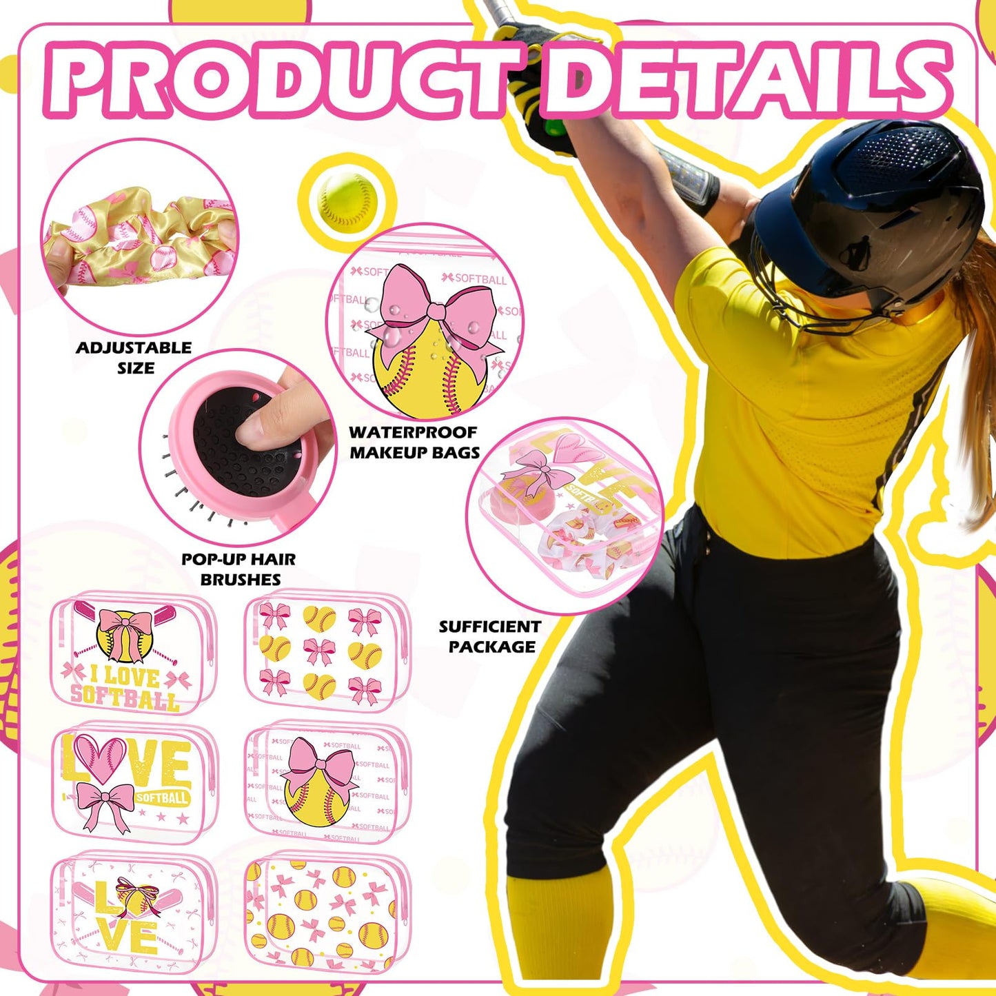 36 Pcs Pink Softball Gifts for Girl 12 Softball Makeup Bag Bulk Cosmetic Bag Sport Team Gifts with 12 Pink Bow Hair Scrunchies 12 Round Portable Folding Brush Mirror for Coach Team