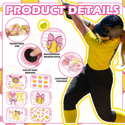 36 Pcs Pink Softball Gifts for Girl 12 Softball Makeup Bag Bulk Cosmetic Bag Sport Team Gifts with 12 Pink Bow Hair Scrunchies 12 Round Portable Folding Brush Mirror for Coach Team