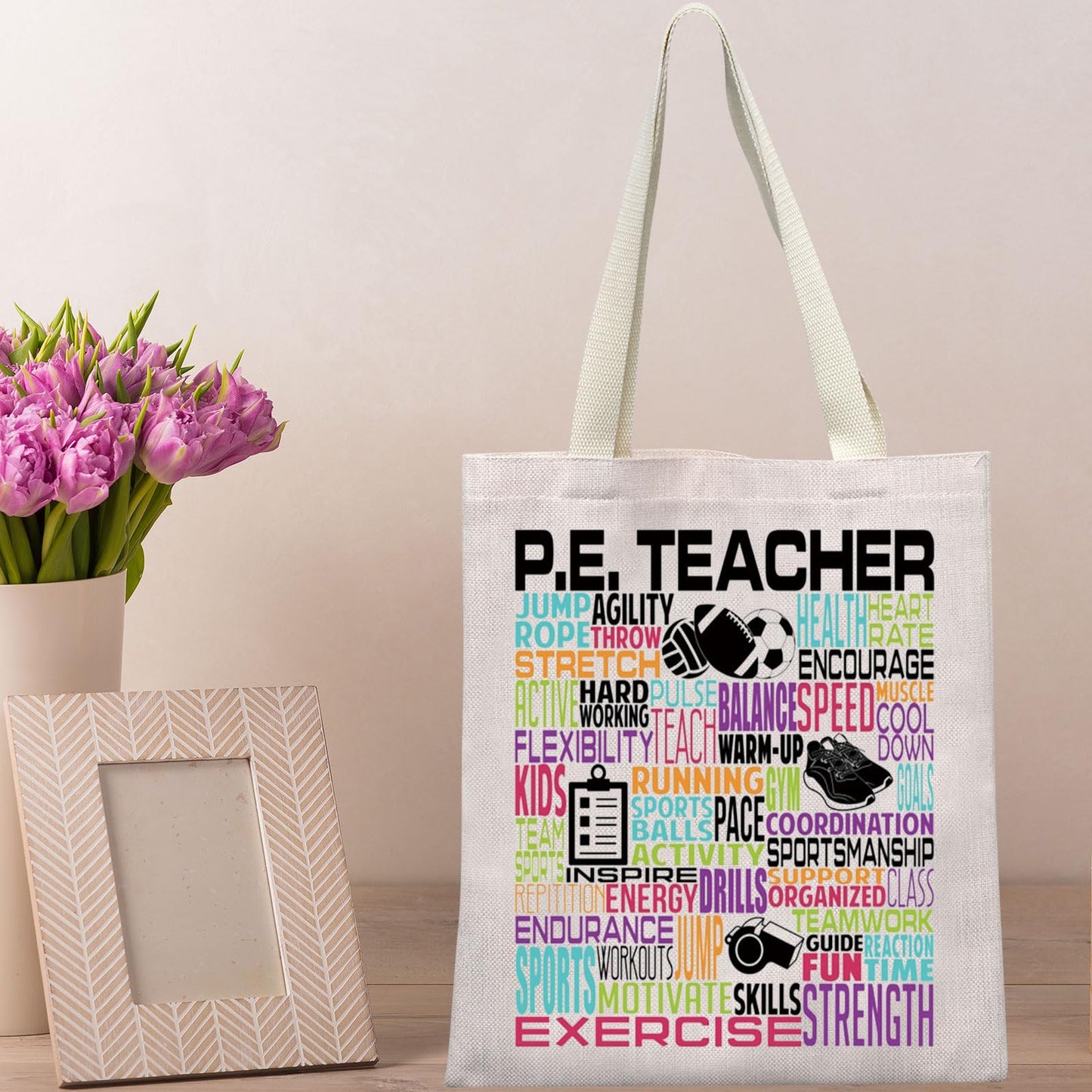 BWWKTOP PE Teacher Canvas Tote Bag PE Teacher Gifts Physical Education Teacher Shoulder Bag Physical Ed Teacher Gift