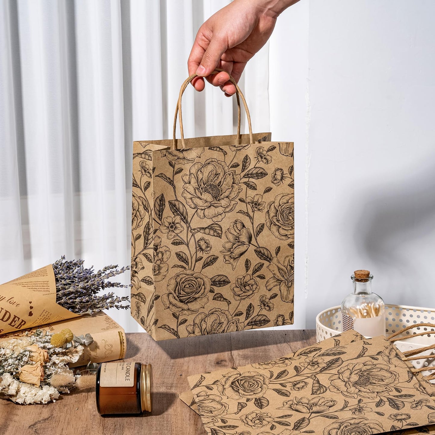 WRAPAHOLIC Medium Floral Kraft Paper Gift Bags - Black Florals Design for Birthday, Baby Shower, Holiday, Party Gift Wrap (Pack of 12)