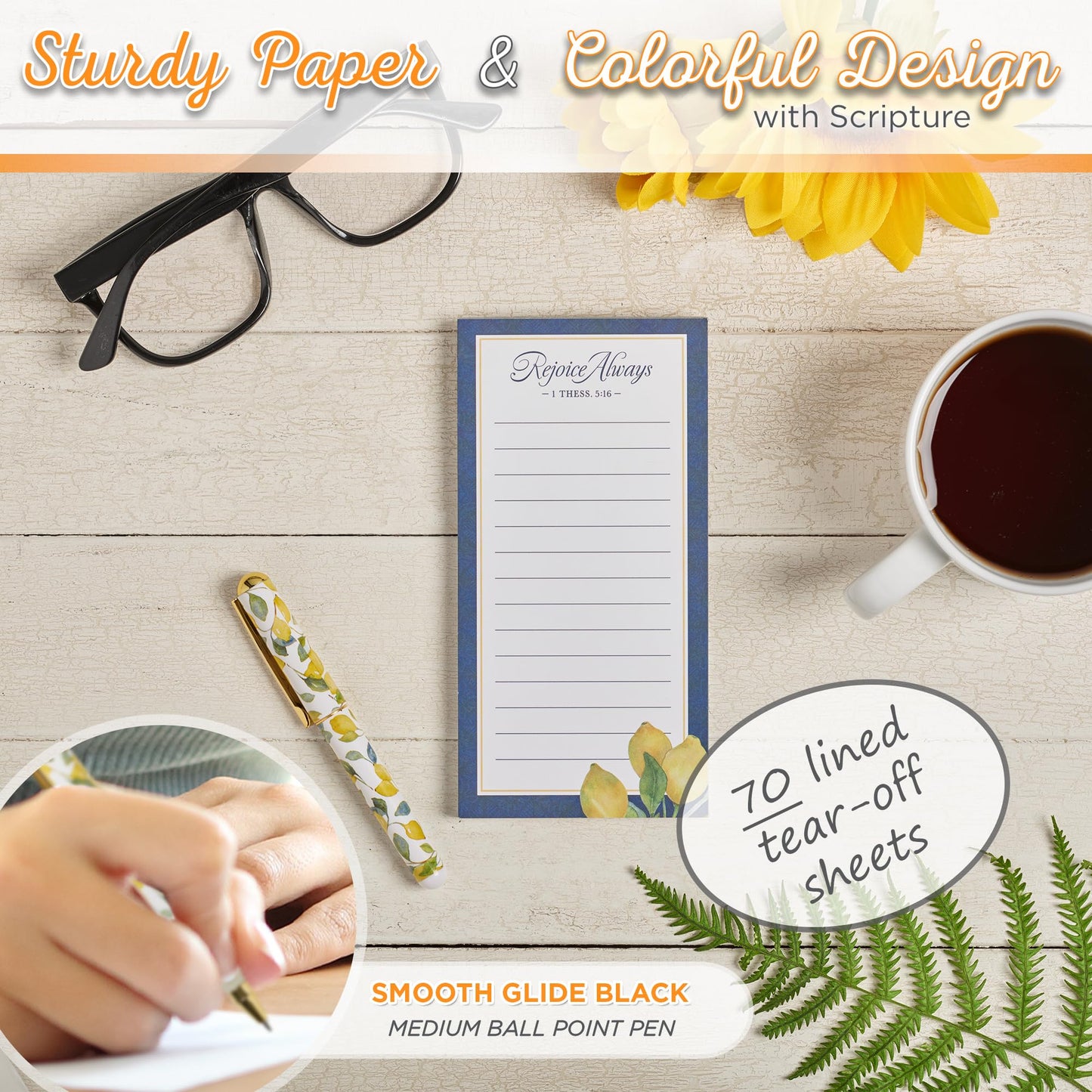 Christian Art Gifts Compact Magnetic Notepad & Medium Ballpoint Pen Set for Women: Rejoice Always Inspirational Scripture, Lists, Reminders, 70 Lined Easy Tear-off Sheets, Navy Blue & Yellow Lemons