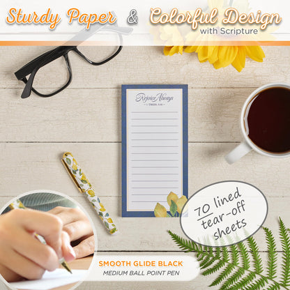 Christian Art Gifts Compact Magnetic Notepad & Medium Ballpoint Pen Set for Women: Rejoice Always Inspirational Scripture, Lists, Reminders, 70 Lined Easy Tear-off Sheets, Navy Blue & Yellow Lemons
