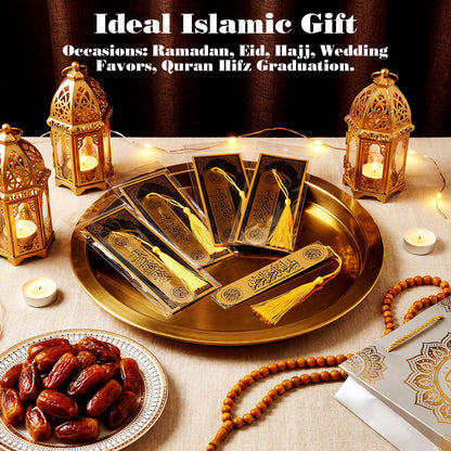 Resurhang 10 Sets Eid al-Adha Mubarak Gifts Islamic Metal Bookmarks Bulk with Cards Hajj Quran Markers Gold Stainless Steel Tassels Muslim Religious Party Favors Men Women