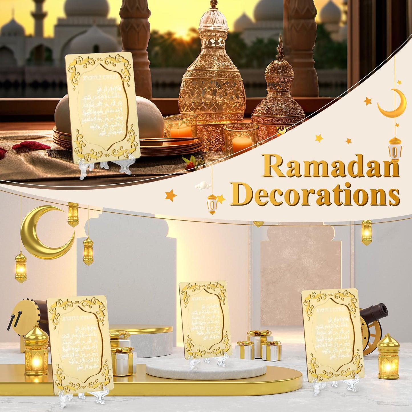 Yinkin 12 Pcs Eid al-Adha Gifts for Women Ayatul Kursi Islamic Party Favors Gifts Ramadan Muslim Wedding Table Art Room Party Decoration with Clear Stand and Gift Boxes (Gold)