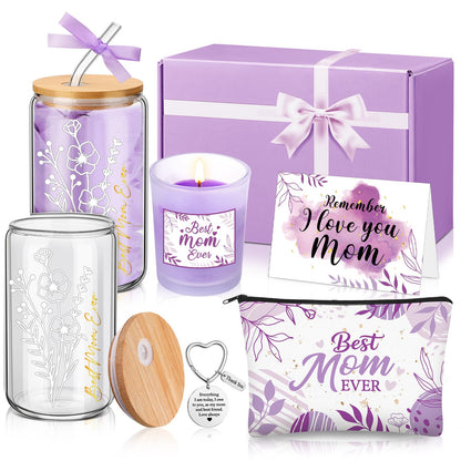 Bokon 6 Pcs Birthday Gifts for Mom Best Mom Ever Gifts Box Set with 16oz Glass Cup Scented Candle Makeup Bag from Daughter Son for Wife Mother Day Party(Purple)