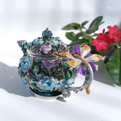 Enamel Teapot Trinket Box Hand-Painted Metal Vintage Jewelry Organizer Unique Ring Holder & Collectible Ornament Purple-Blue