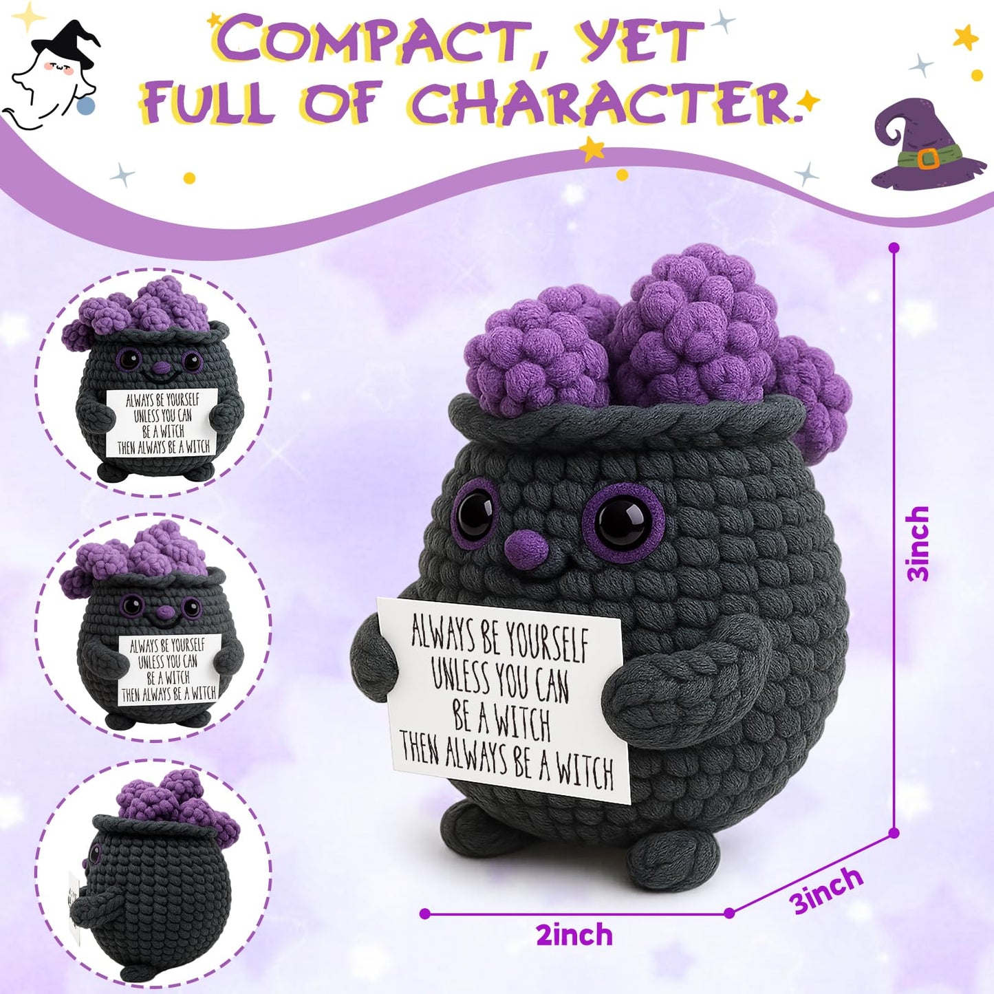 Cute Witch Cauldron Crochet Plush with Positive Affirmation Card - Unique Spooky Witchy Birthday Gifts for Women, Perfect Witchcore Halloween Boo Basket Stuffers - Seasonal Home & Office Decoration