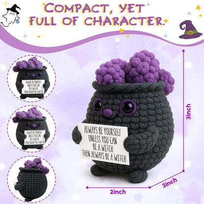 Cute Witch Cauldron Crochet Plush with Positive Affirmation Card - Unique Spooky Witchy Birthday Gifts for Women, Perfect Witchcore Halloween Boo Basket Stuffers - Seasonal Home & Office Decoration