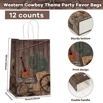 12 PCS Cowboy Party Favor Bags Western Paper Gift Goodie Candy Treat Bags Bulk with Handle Wild West Rodeo Birthday Party Decorations for Cowgirl Kids Boys Baby Shower Bachelorette Supplies Favors