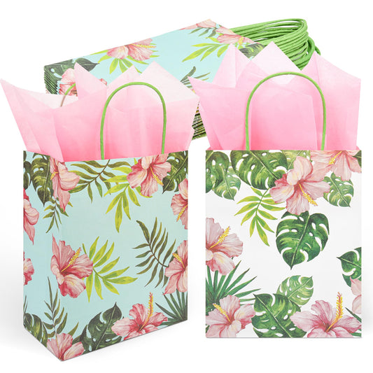 36 Pack Medium Hawaiian Tropical Themed Gift Bags with Handles and 36 Pink Tissue Paper for Luau Parties, Birthdays, Weddings, Bridal Showers, Boutiques (10x8x4 Inch, 2 Designs Assorted)