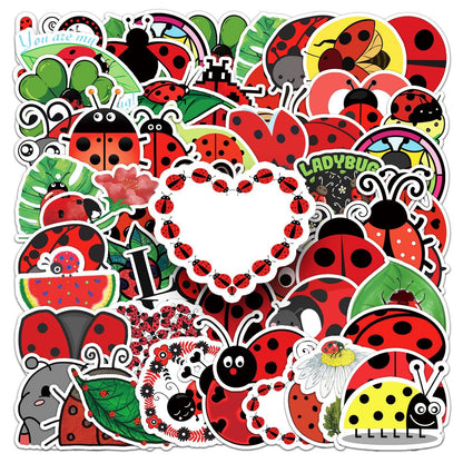 50 Pcs Cute Ladybug Stickers - Waterproof Vinyl Ladybug Decals with Love/Fruit Motifs for Skateboard, Laptop, Fridge & Luggage (Assorted Adorable Ladybug Designs)(Ladybug)