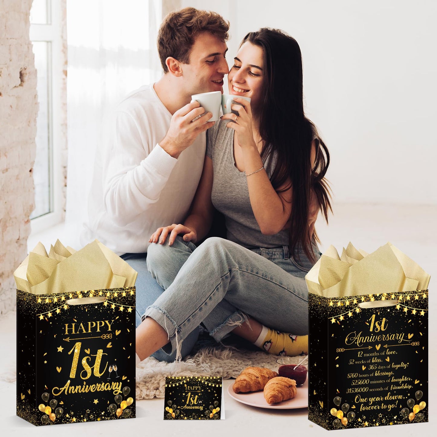 Happy 1st Anniversary Party Favor Bag Black Gold One Year Wedding Anniversary Wrapping Paper Bag with Tissue Paper and Greeting Card First Wedding Candy Goodies Treat Bags for Couple Wife Husband