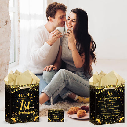 Happy 1st Anniversary Party Favor Bag Black Gold One Year Wedding Anniversary Wrapping Paper Bag with Tissue Paper and Greeting Card First Wedding Candy Goodies Treat Bags for Couple Wife Husband