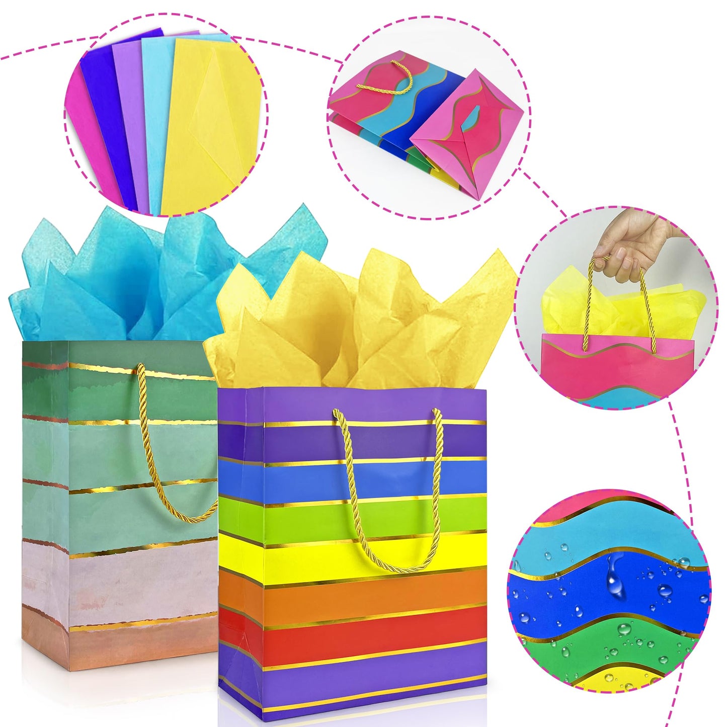 MUMULULU 5 Pack Paper Gift Bags with Handle and Tissue Paper Birthday Gift Bags Rainbow Bag for Birthday Party Baby Shower Wedding Holiday Presents