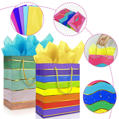 MUMULULU 5 Pack Paper Gift Bags with Handle and Tissue Paper Birthday Gift Bags Rainbow Bag for Birthday Party Baby Shower Wedding Holiday Presents
