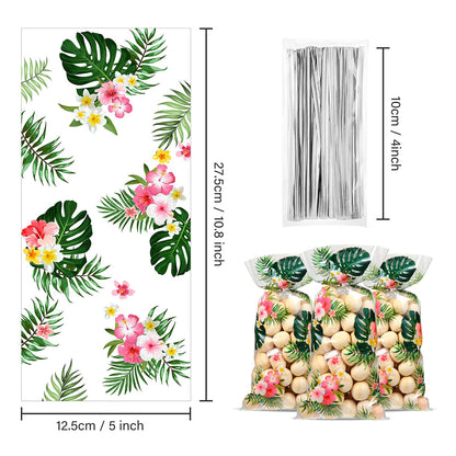 Geyee 100 pcs Hawaiian Luau Cellophane Treat Bags, Summer Tropical Aloha Themed Candy Palm Leaves Hibiscus Goodie Bag With 100 Silver Twist Ties for Kids Birthday Party Favor, Clear, 10.8x5 in