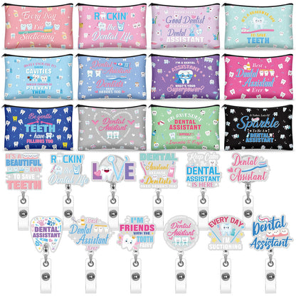 24 Pcs Dental Assistant Appreciation Gifts Bulk 12 Makeup Bag 12 Retractable Badge Reels Toothbrush Tooth Medical Gift for Dentist Hygienist Student Assistant