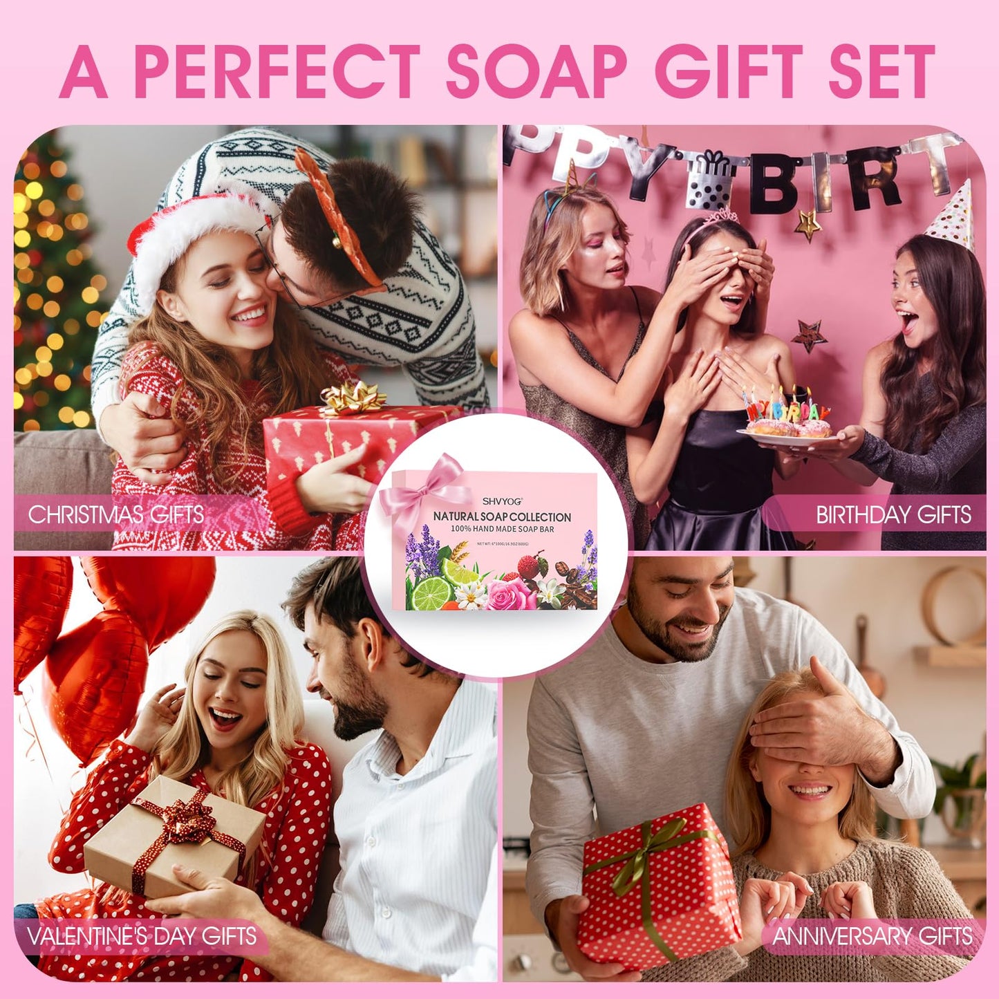 SHVYOG Natural Soap Bar Gift Set, 6PCS Soap Mothers Day Gifts for Mom, with Organic Ingredients & Essential Oils, Cleanses & Softens Skin, Moisturizing, Gifts for Women - 100G*6