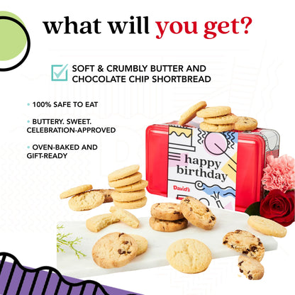 David's Cookies Happy Birthday Gift Sampler Tin – Crunchy Gourmet Cookies – Bakery Snack Gift for Birthdays, Celebrations and Special Occasions – Shortbread Cookies