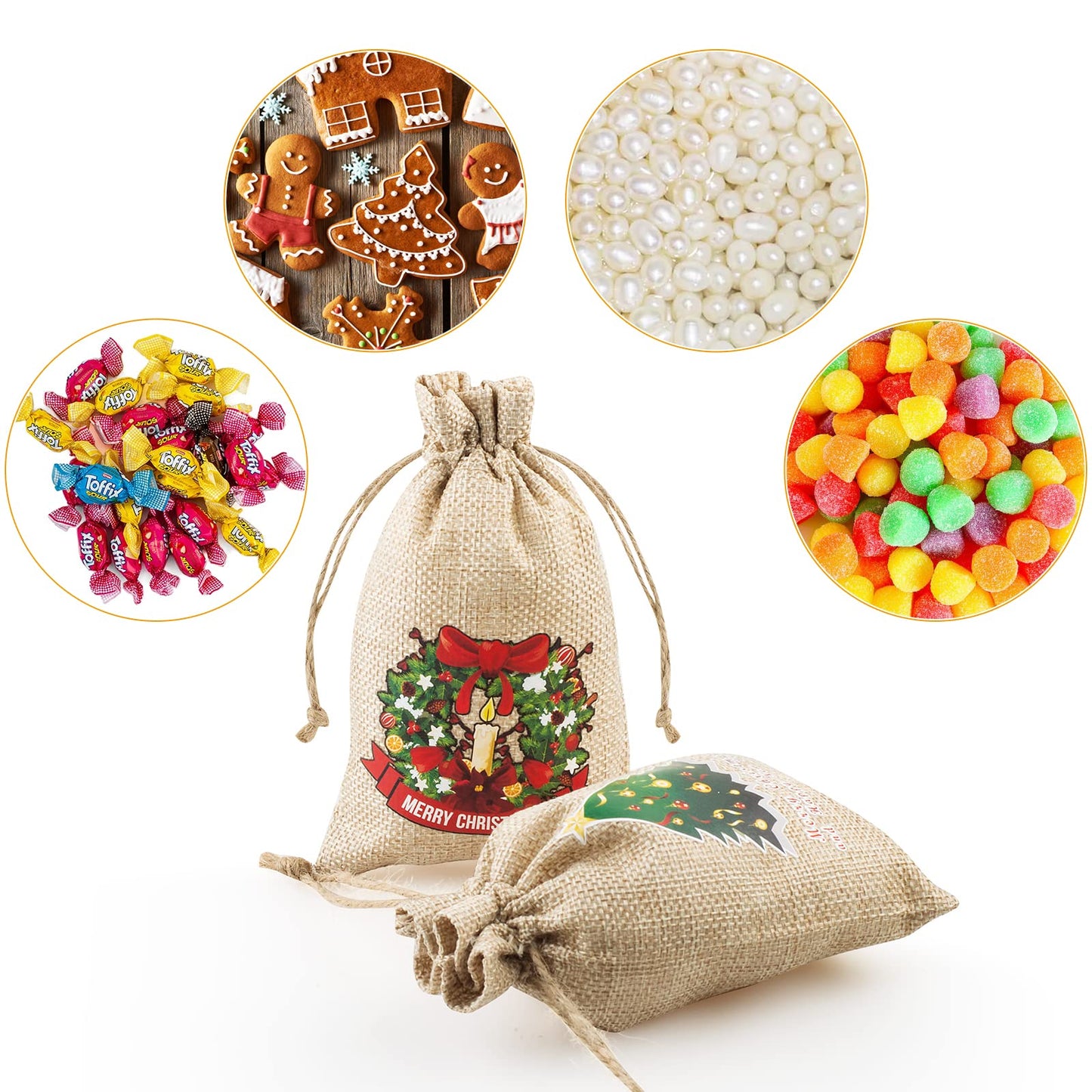 FloraSea 24 Pcs Small Christmas Gift Bags, 4x6 inches Mini Christmas Burlap Gift Bags with Drawstrings(8 Designs Styles)