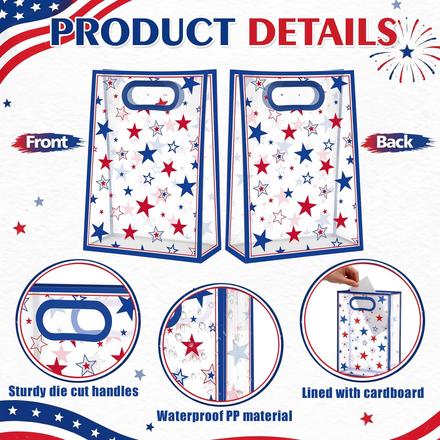 Aliceset 12 Pack Patriotic Clear Gift Bags with Handles Red White Blue Goodie Bags with Bow Ribbon Independence Day 4th of July Decor for USA Veterans Candy Snacks Treat Party Favor, 10x7x3.15''