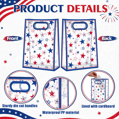 Aliceset 12 Pack Patriotic Clear Gift Bags with Handles Red White Blue Goodie Bags with Bow Ribbon Independence Day 4th of July Decor for USA Veterans Candy Snacks Treat Party Favor, 10x7x3.15''