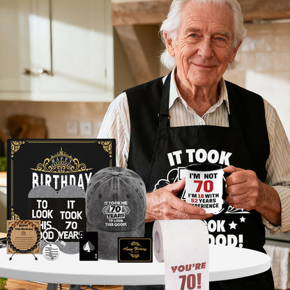 70th Birthday Gifts for Men Coffee Mug Set, 70th Birthday Party Supplies, Turning 70 Gift with 11 Oz Ceramic Cup Baseball Cap Apron Sock Bracelet Toilet Paper Keychain for Him, Dad, Husband, Friends