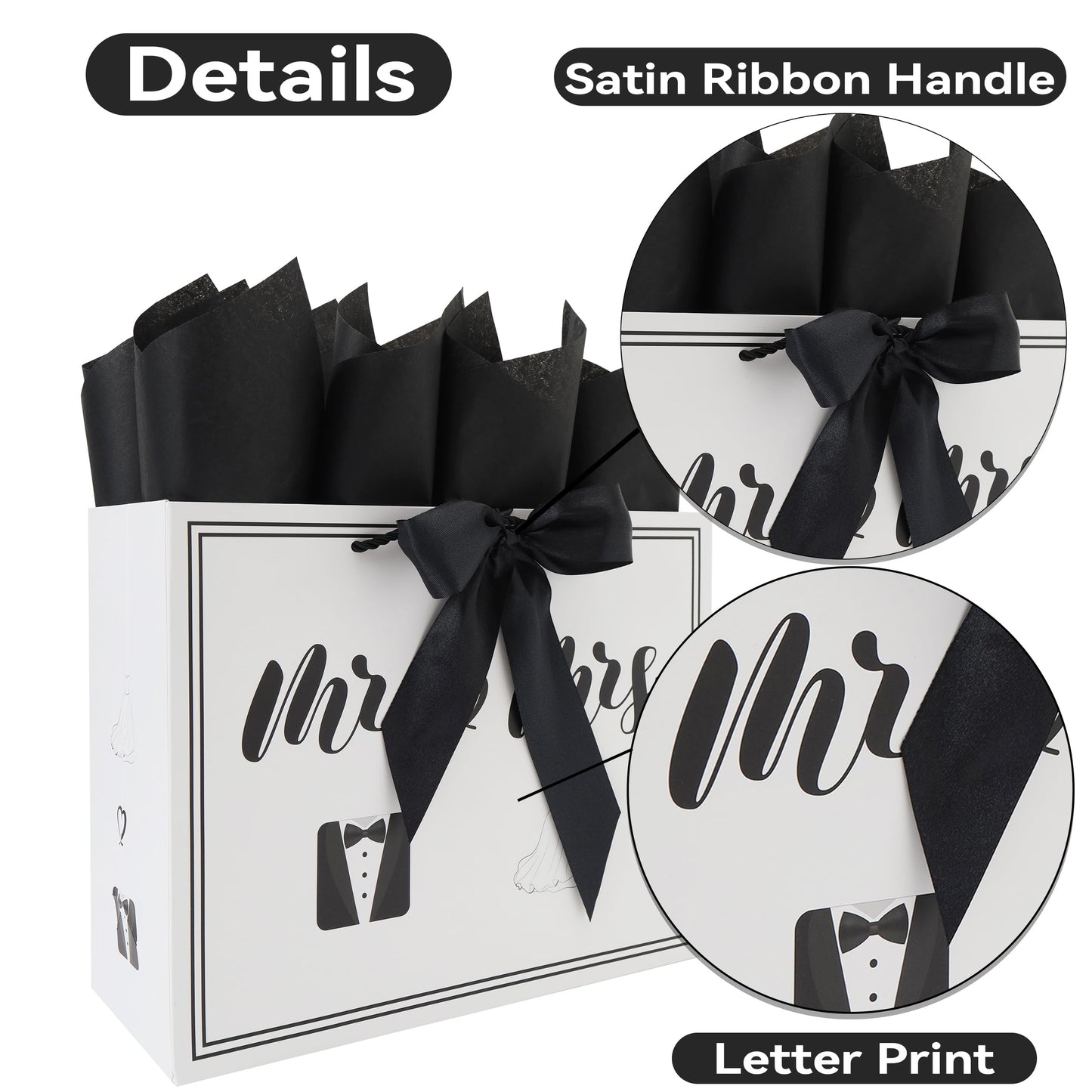wishinside 13” Large Wedding Gift Bag Set with Handles, Greeting Card, Tissue Papers and Stickers for Bridal Shower Anniversary Engagement Newlyweds Couple, Elegant Mr. & Mrs. Design, 1 Pcs