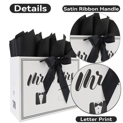 wishinside 13” Large Wedding Gift Bag Set with Handles, Greeting Card, Tissue Papers and Stickers for Bridal Shower Anniversary Engagement Newlyweds Couple, Elegant Mr. & Mrs. Design, 1 Pcs