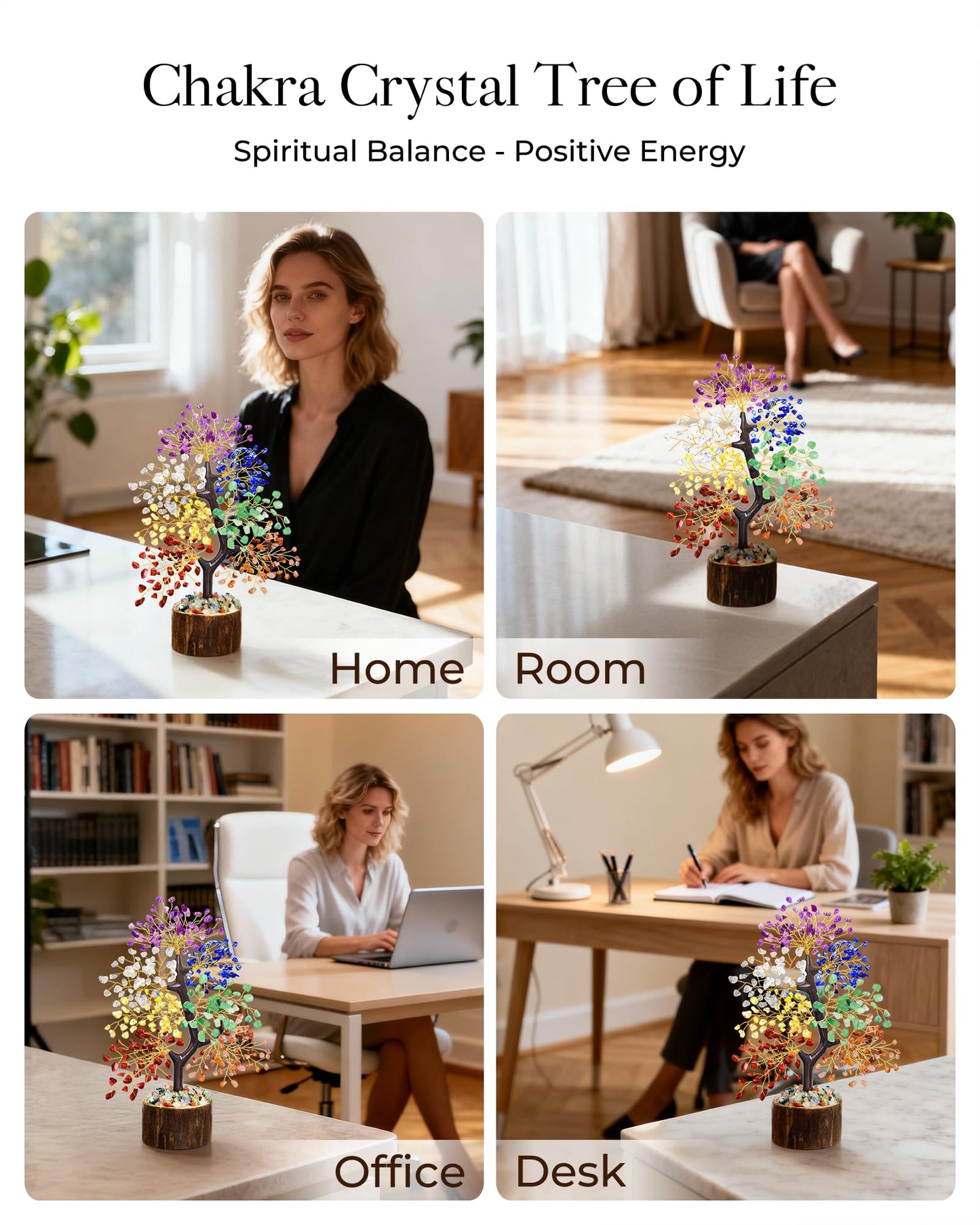 7 Chakra Crystal Tree of Life, Handmade Crystal Decor for Desk, Home Office & Meditation Room, Meaningful and Calming Gemstone Tree,Housewarming, Birthday Gifts for Women, Mom