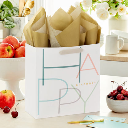 Hallmark Signature Studio 10" Large Square Gift Bag with Tissue Paper (Happy Birthday) Teal, Gray, Pink, Blue on White