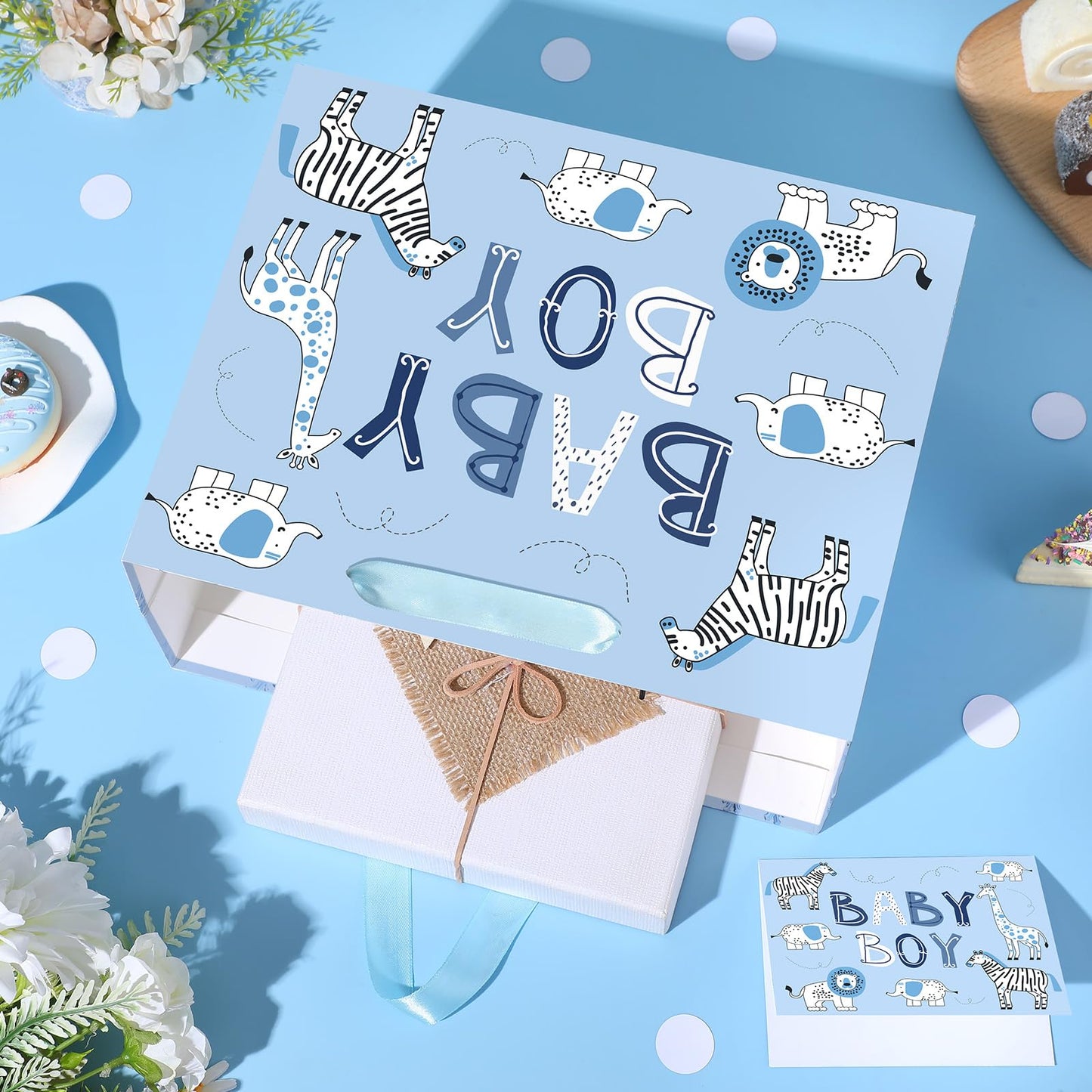 Baby Boy Gift Bag Animal Baby Shower Paper Gift Bag with Tissue Paper and Greeting Card, Blue Animal Baby Boy Birthday Wrapping Paper Bag for Kids Boys Baby Shower Birthday Party Decorations Supplies
