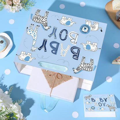 Baby Boy Gift Bag Animal Baby Shower Paper Gift Bag with Tissue Paper and Greeting Card, Blue Animal Baby Boy Birthday Wrapping Paper Bag for Kids Boys Baby Shower Birthday Party Decorations Supplies