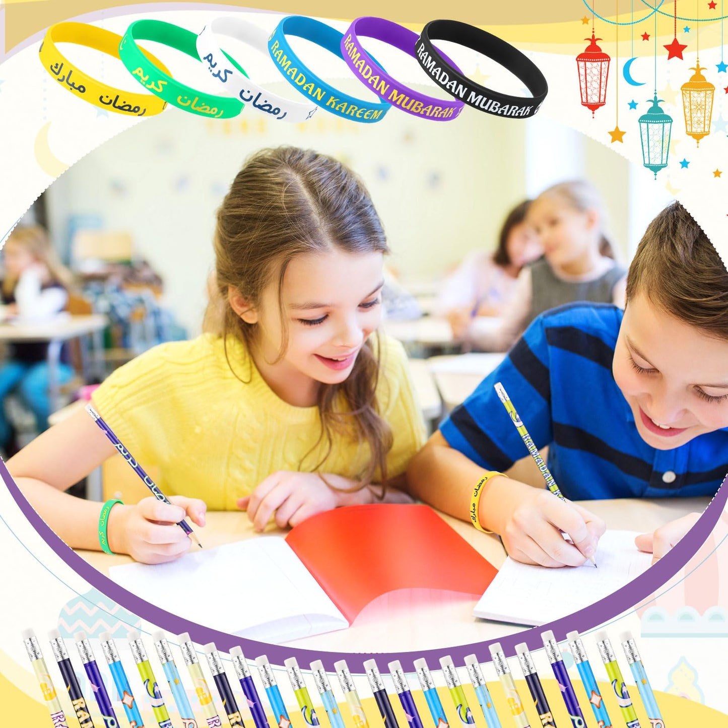 Feifeiya 96 Pcs Ramadan Eid Mubarak Gifts, Eid Pencils Ramadan Wristbands Party Favors Muslim Gifts for Kids Students Classroom Party Supplies