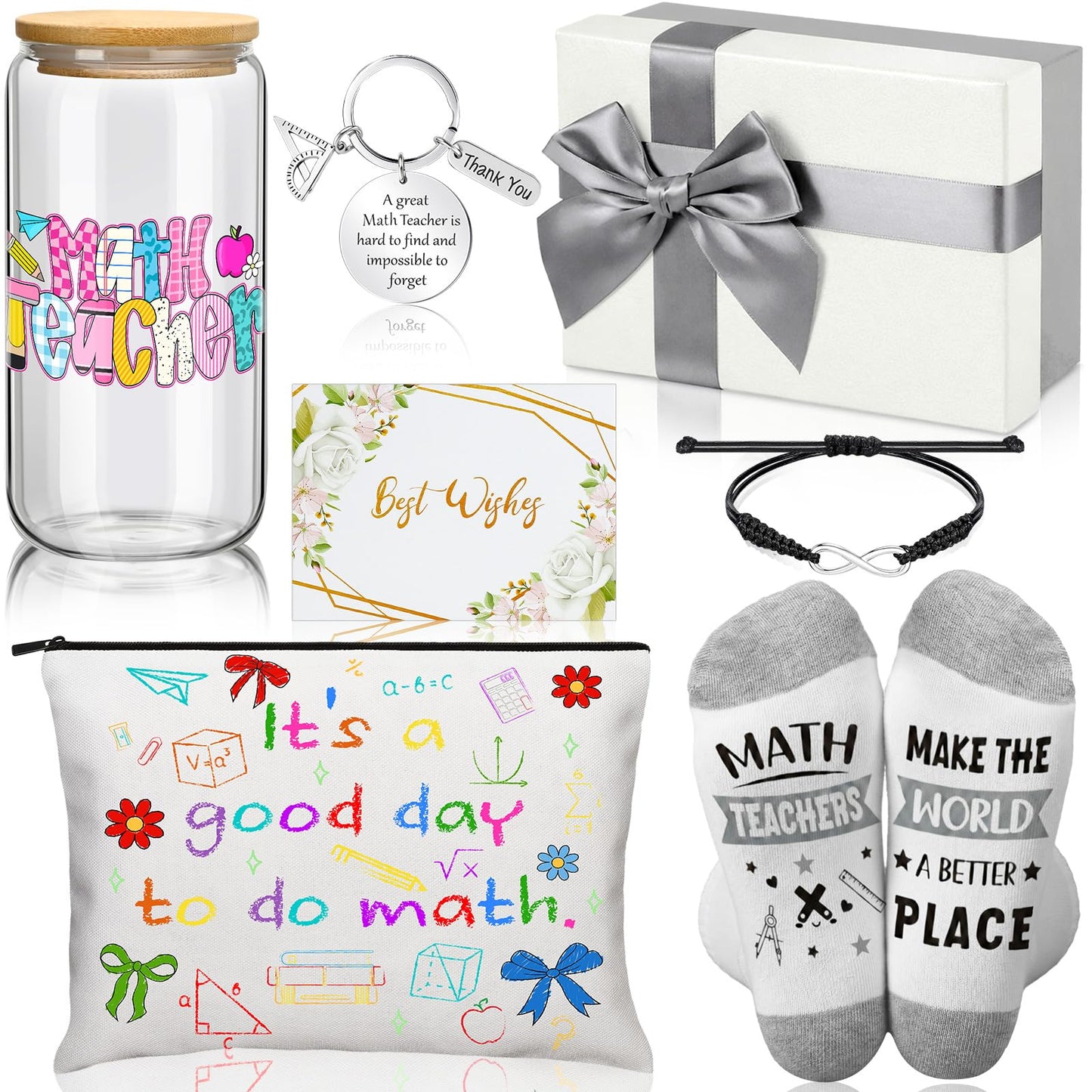 Remerry 7 Pcs Math Teacher Appreciation Gifts Include 16 oz Glass Cup Cosmetic Bag Socks Keychain Bracelet Card and Gift Box Ideas Thank You Basket for Math Teacher from Students