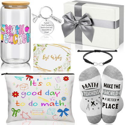 Remerry 7 Pcs Math Teacher Appreciation Gifts Include 16 oz Glass Cup Cosmetic Bag Socks Keychain Bracelet Card and Gift Box Ideas Thank You Basket for Math Teacher from Students