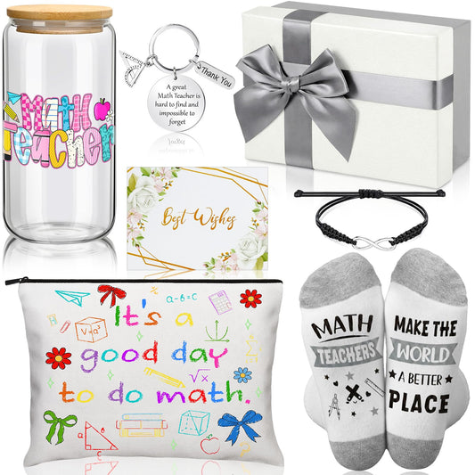 Remerry 7 Pcs Math Teacher Appreciation Gifts Include 16 oz Glass Cup Cosmetic Bag Socks Keychain Bracelet Card and Gift Box Ideas Thank You Basket for Math Teacher from Students