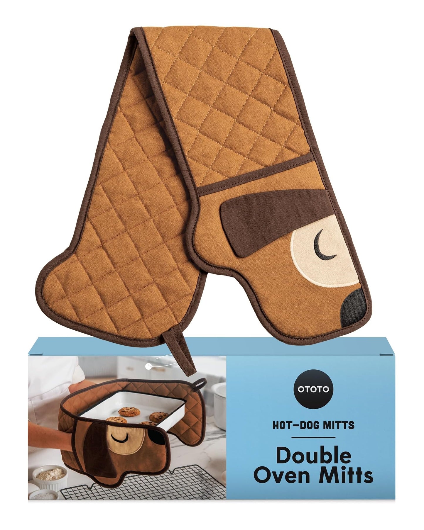 OTOTO Hot-Dog Double Oven Mitts Cute Funny - Gifts for Dog Lovers, Dachshund Themed Gifts, Heat Resistant, Kitchen Gadgets (Brown)