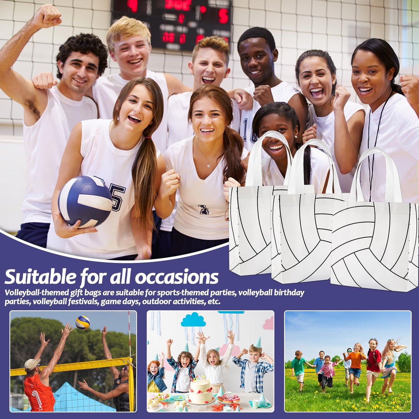 24Pcs Volleyball Gift Bags With Handles Bulk Sport Theme Treat Candy Bags Volleyball Team Present Non Woven Goodie Snack Favor Bag for Sport Boys Birthday Party Favor Baby Shower Decorations Supplies