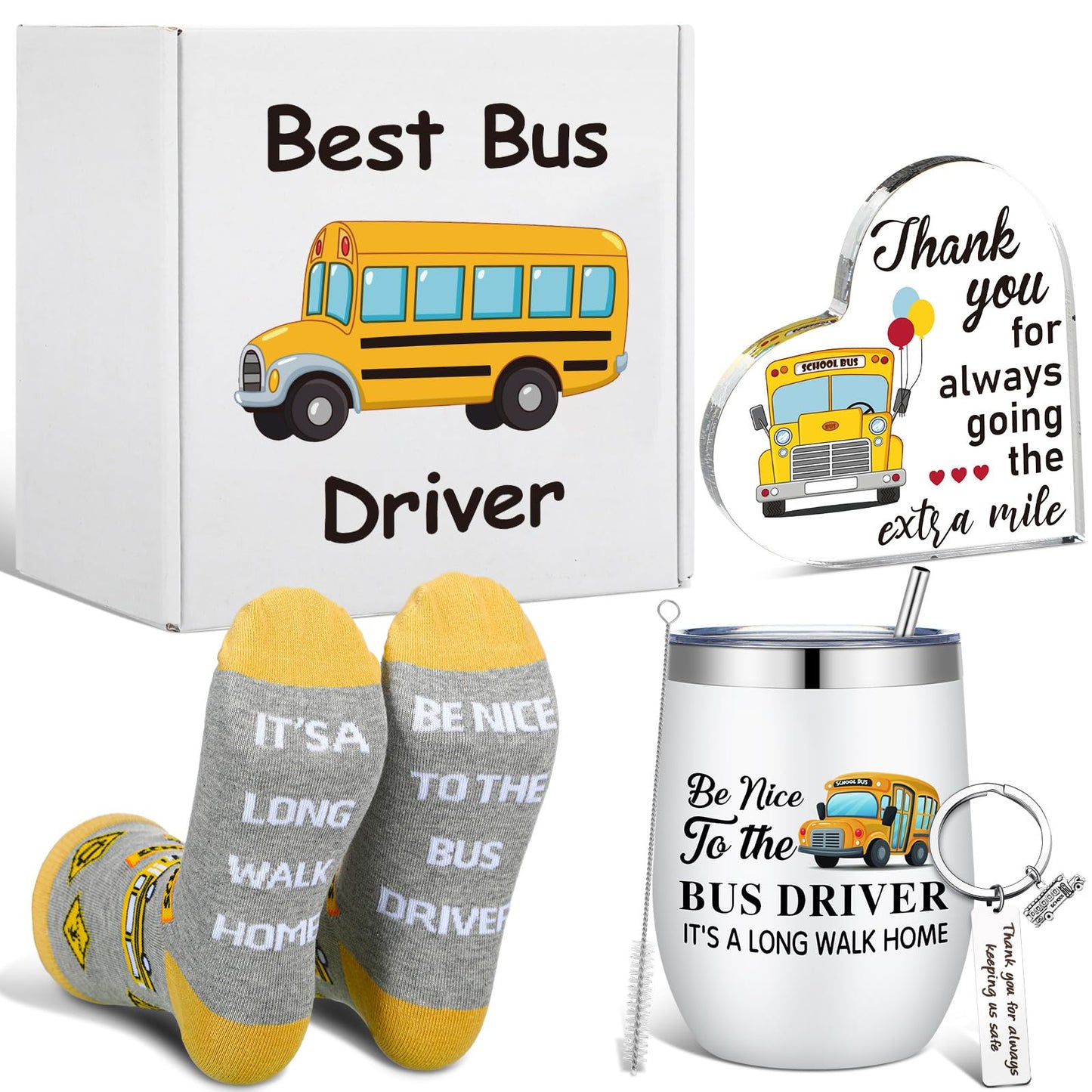 FoldTier 5 Pcs End of Year School Bus Driver Appreciation Gifts for Women Men 12oz Tumbler with Lid and Socks Stainless Steel Keychain Heart Acrylic Sign Box for Bus Driver Valentine Gifts
