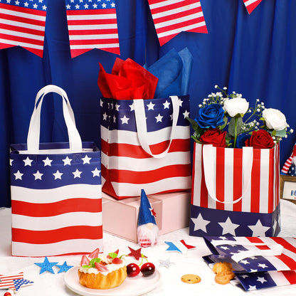 Locmeo 24 Pcs 4th of July Patriotic Party Favor Bags with Handles Reusable Non Woven American Flag Goodie Bags Independence Day Gift Bag for Girl Boy Birthday Memorial Party Supplies, 8 x 4 x 10 Inch