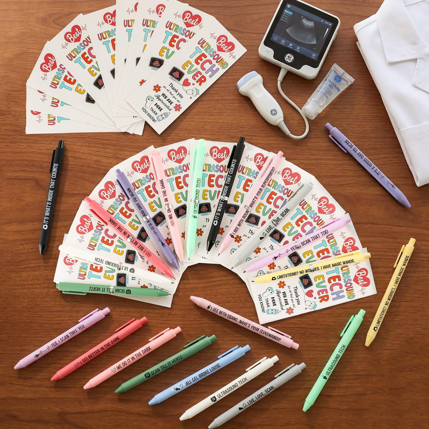 Gueevin 36 Sets Sonographer Gifts Set 12 Designs Ultrasound Themed Pen with Matching Themed Thank You Cards for Ultrasound Tech Week Sonography Student Graduation Radiology Nurse Appreciation