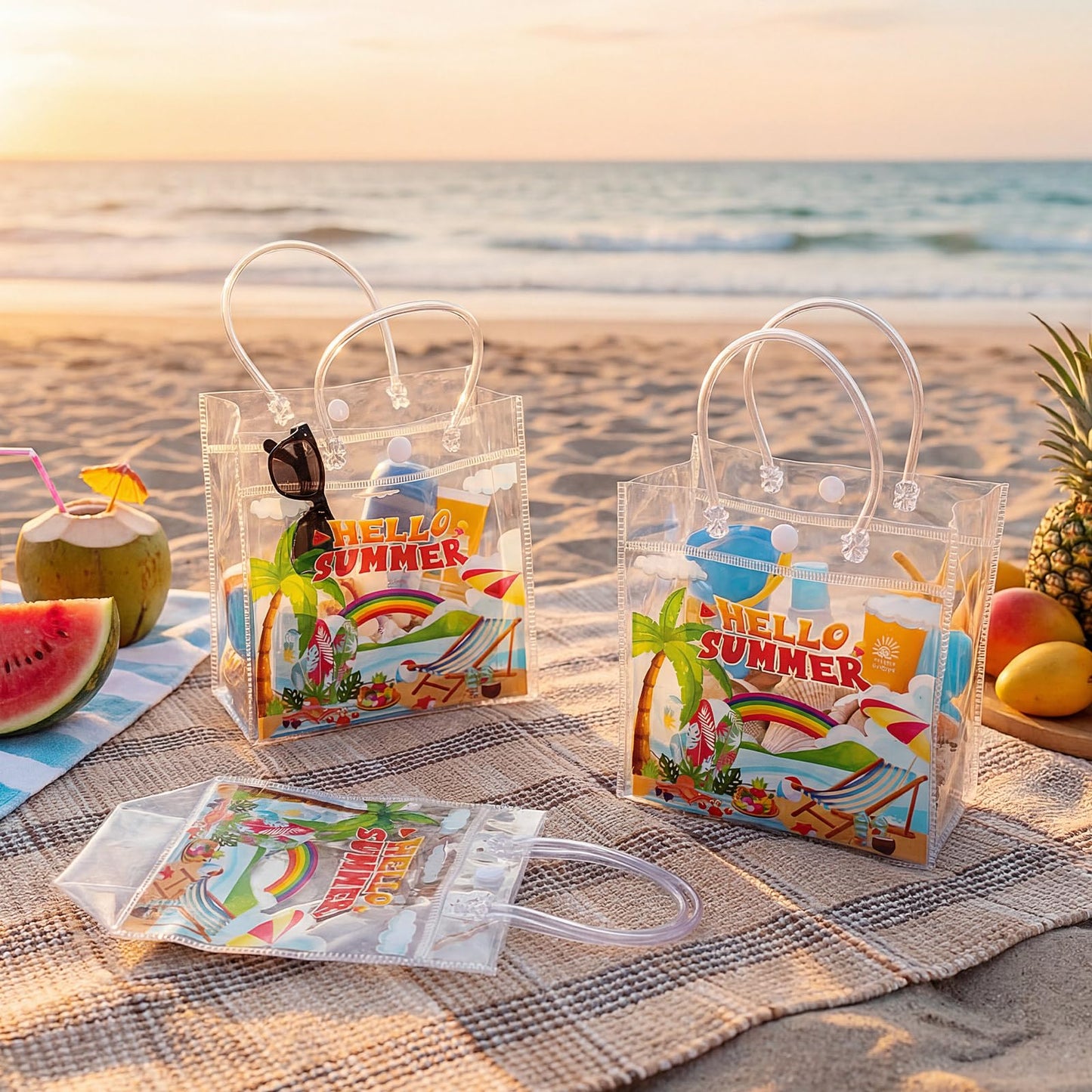 Aliceset 24 Pcs Hello Summer Clear Gift Bags Bulk with Handle, PVC Summer Party Favor Bag Reusable Transparent Goodie Bags for Beach , Pool Parties, Picnics & Outdoor Events, 6.31"x 5.91"x 3.15"